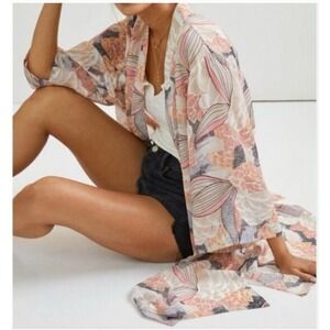 Anthropologie Neutral Floral Sheer Kimono Duster‎ Coverup One Size Lightweight